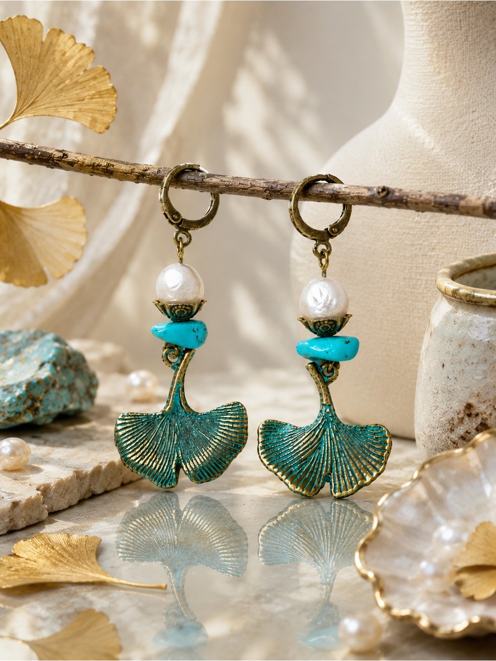 Freshwater Pearl & Turquoise Ginkgo Earrings, Bronze Dangles